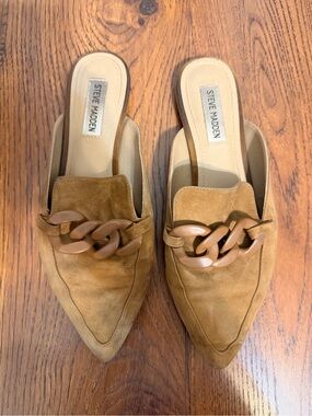 Steve Madden Tan Suede Chain-Embellished Slip-On Mules